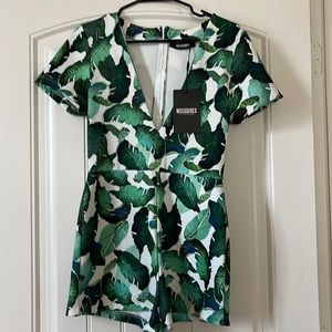 Missguided Palm Leaf Deep Plunge Print Romper with Tags